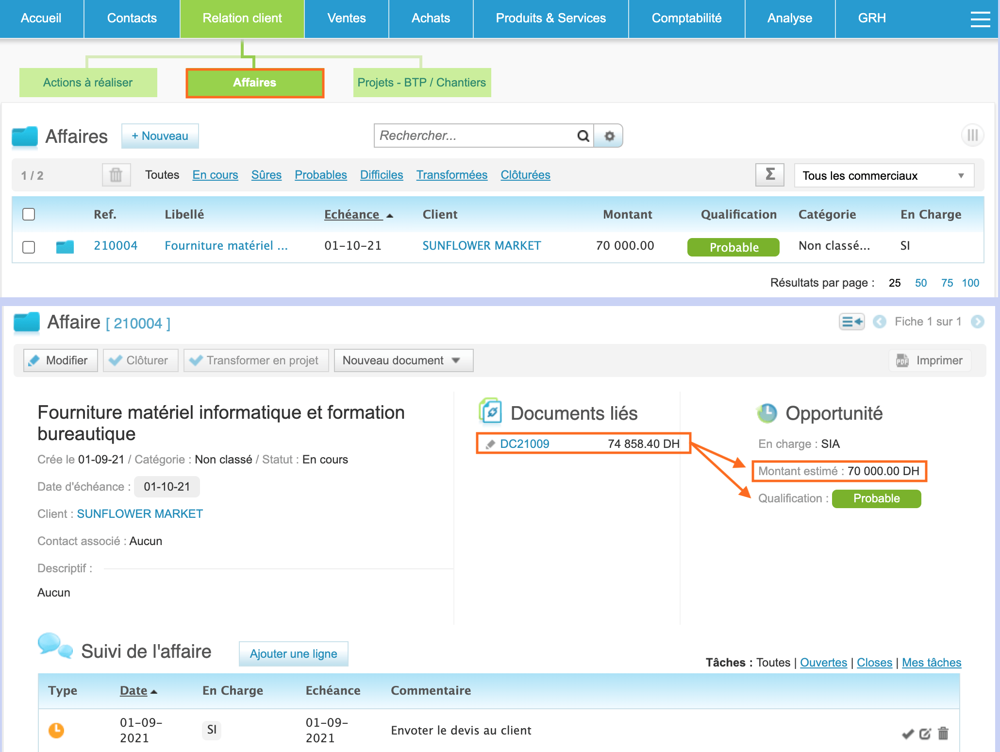 Les "Affaires" pour suivre vos transactions à court terme