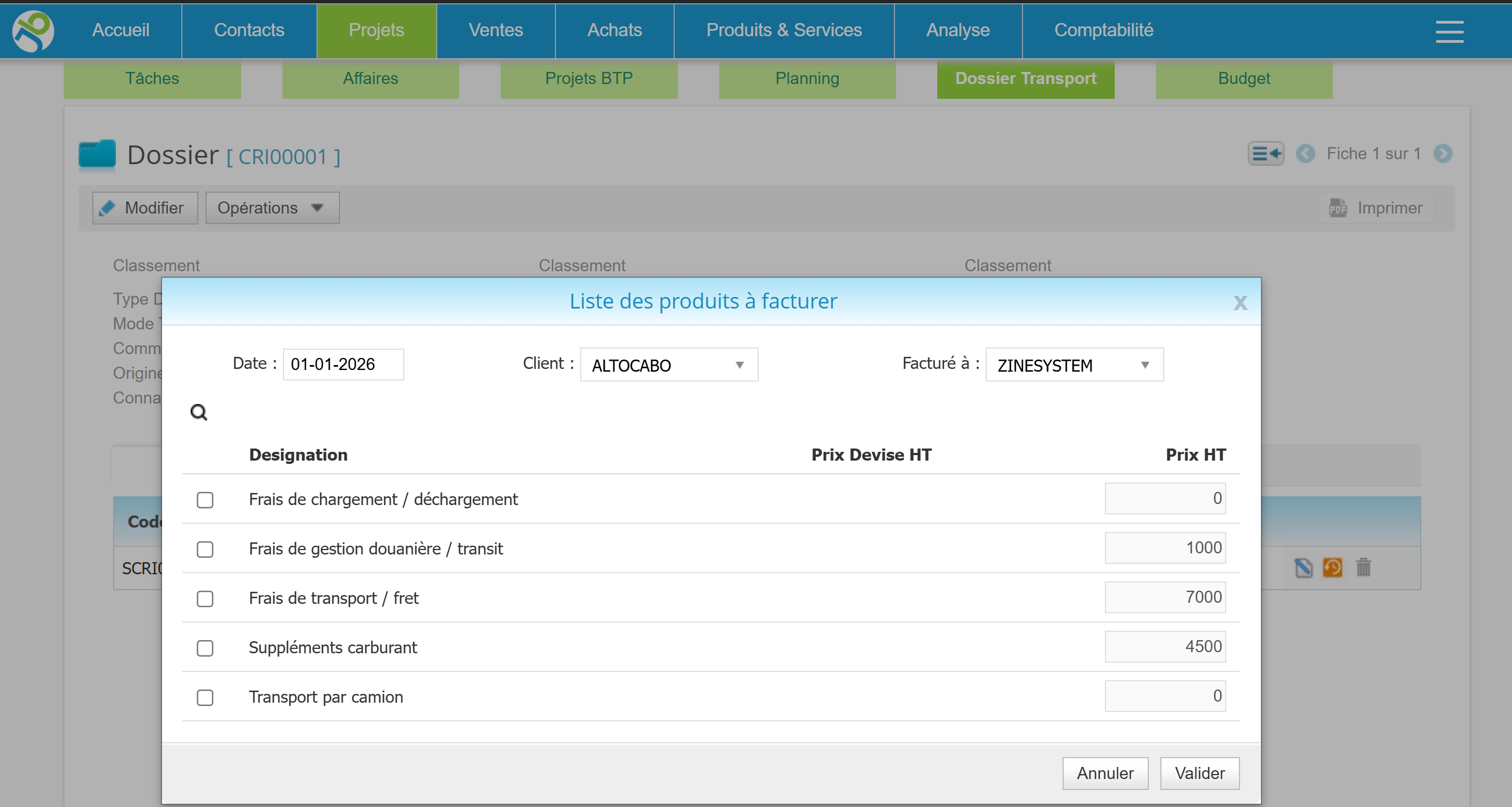 Choix des services à facturer