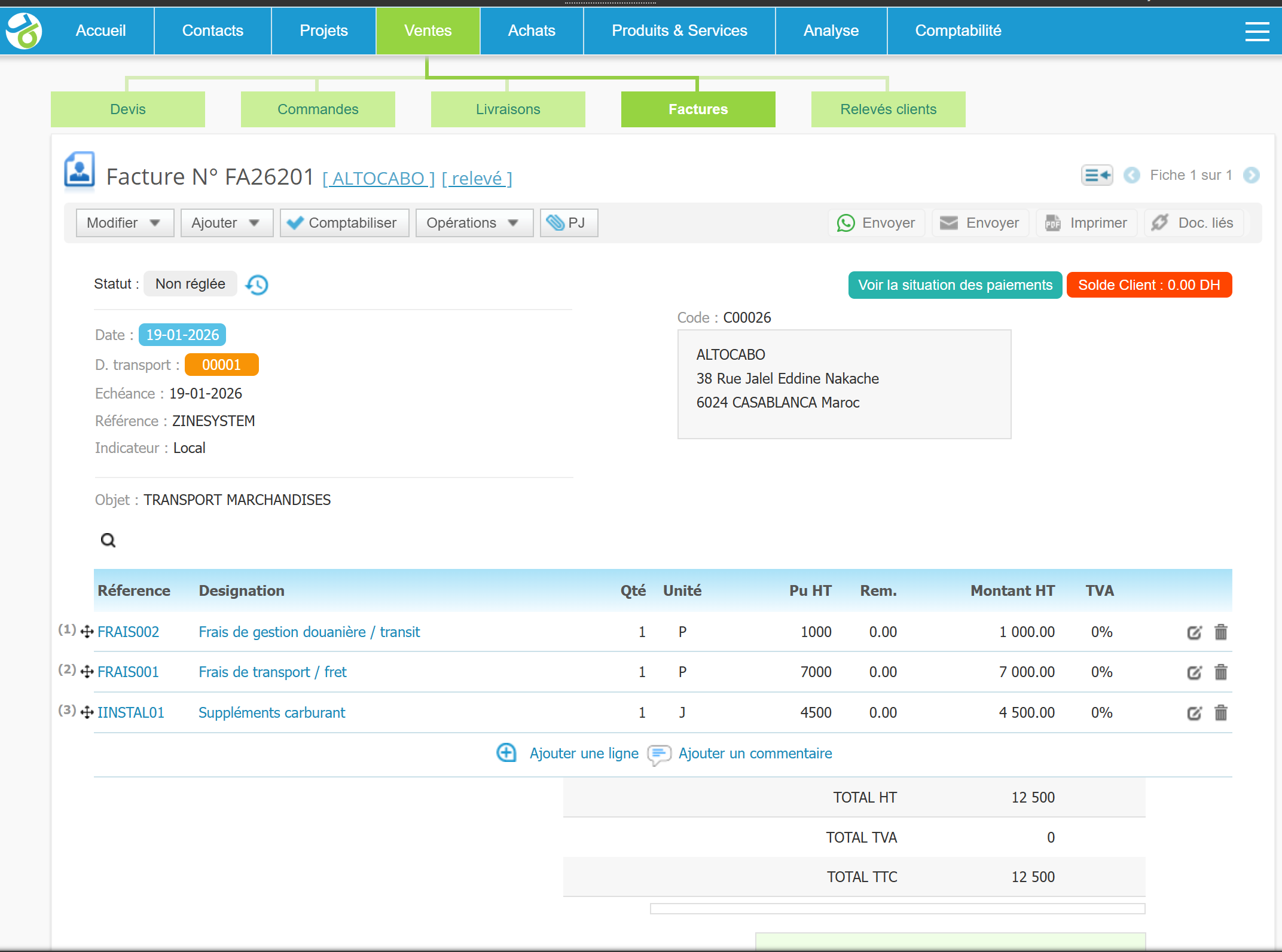 Génération de la facture de transport